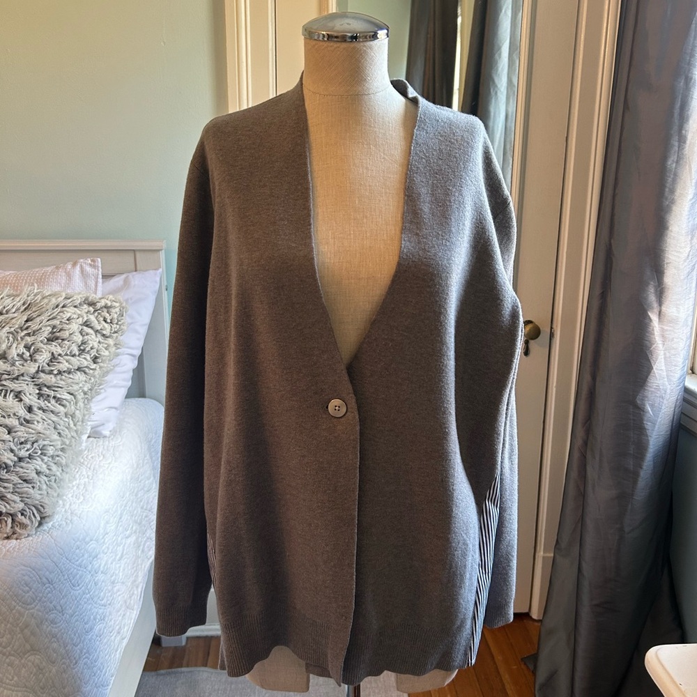 Chico’s cardigan size 2 or Xl blue, white stripe and grey, cotton blend